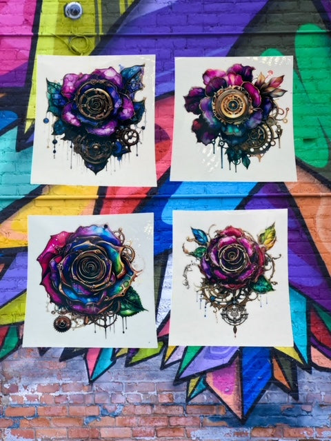308. Steampunk Rainbow Watercolor Rose Decal Bundle