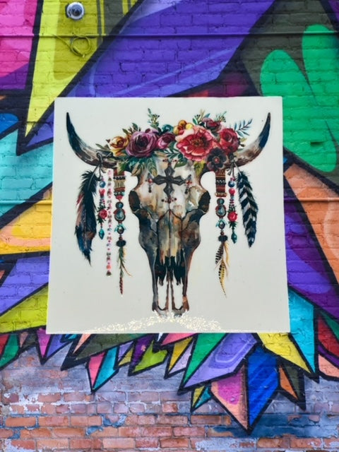129. Feather Floral Cow Skull