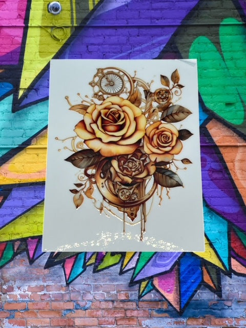 124. Steampunk Gold Roses Decal