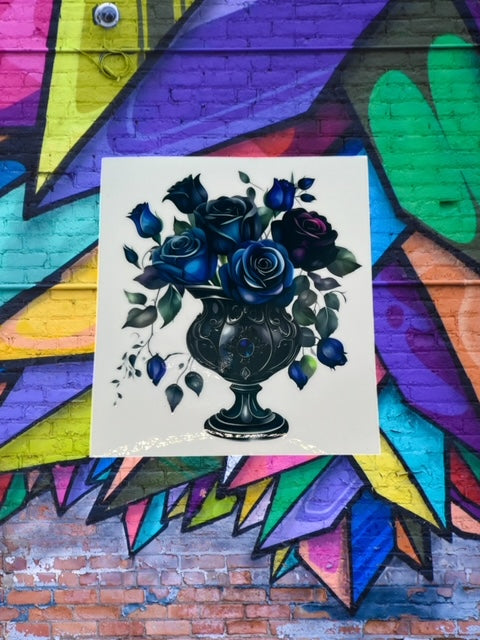 209. Blue Floral with Vase Decal
