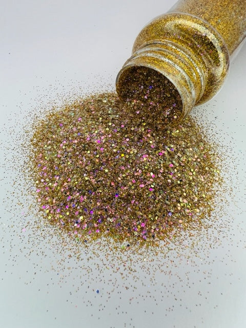 Champagne Verklas- Gold Purple Fine and Mini Chunky Mixed Glitter