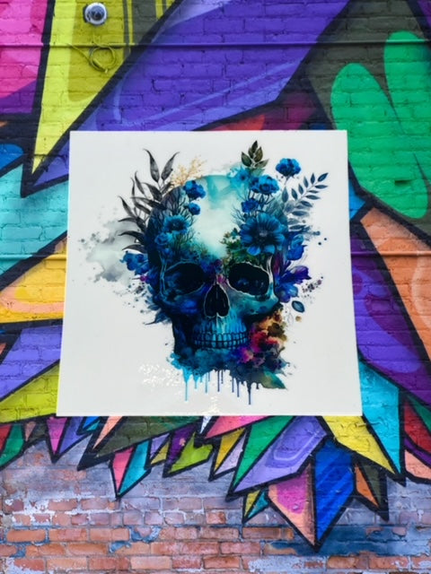 131. Blue Floral Skull Decal